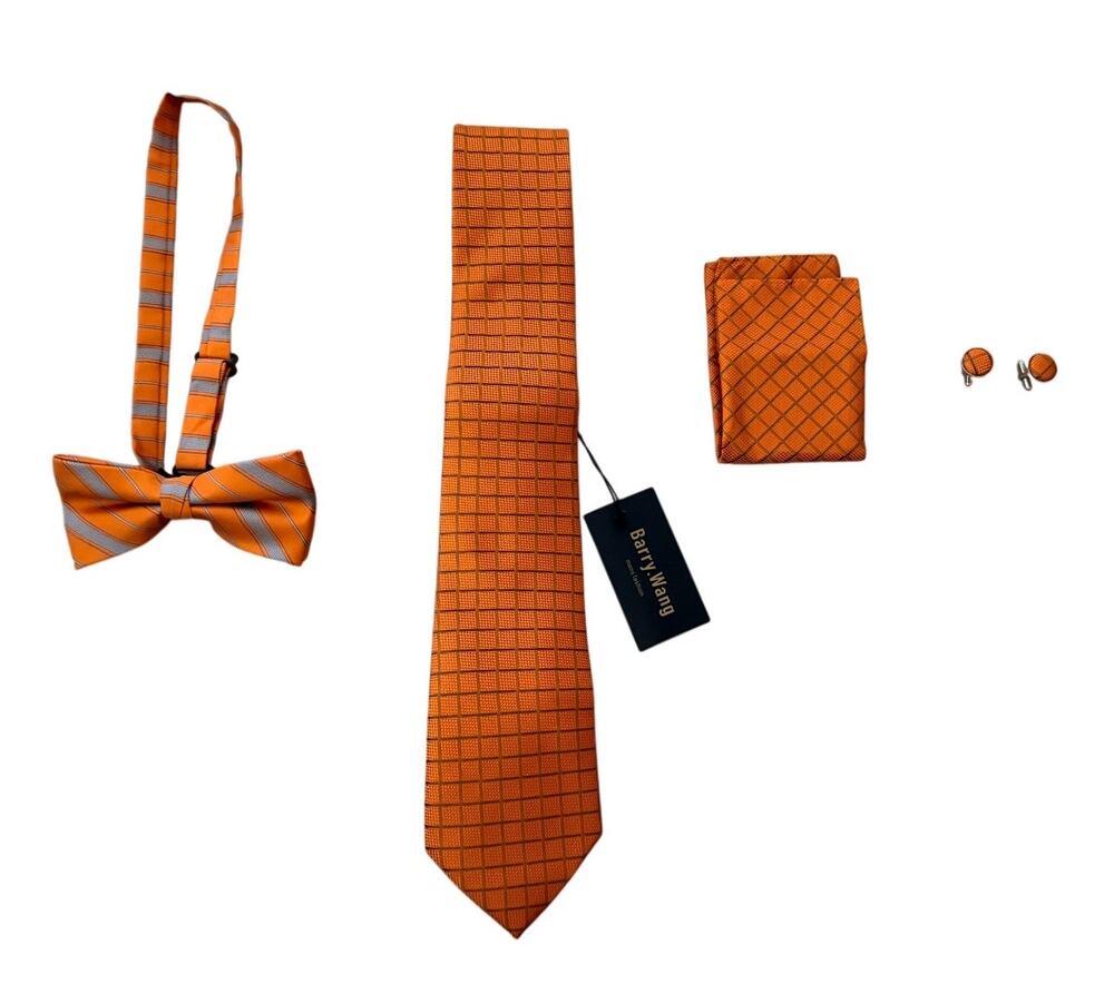 NWT Barry.Wang Men's Orange Woven Silk Necktie Cufflinks Pocket Square Box Set